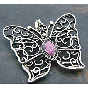 Butterfly Combination Pendant and Brooch Silver Filigree Purple Amethyst Stone